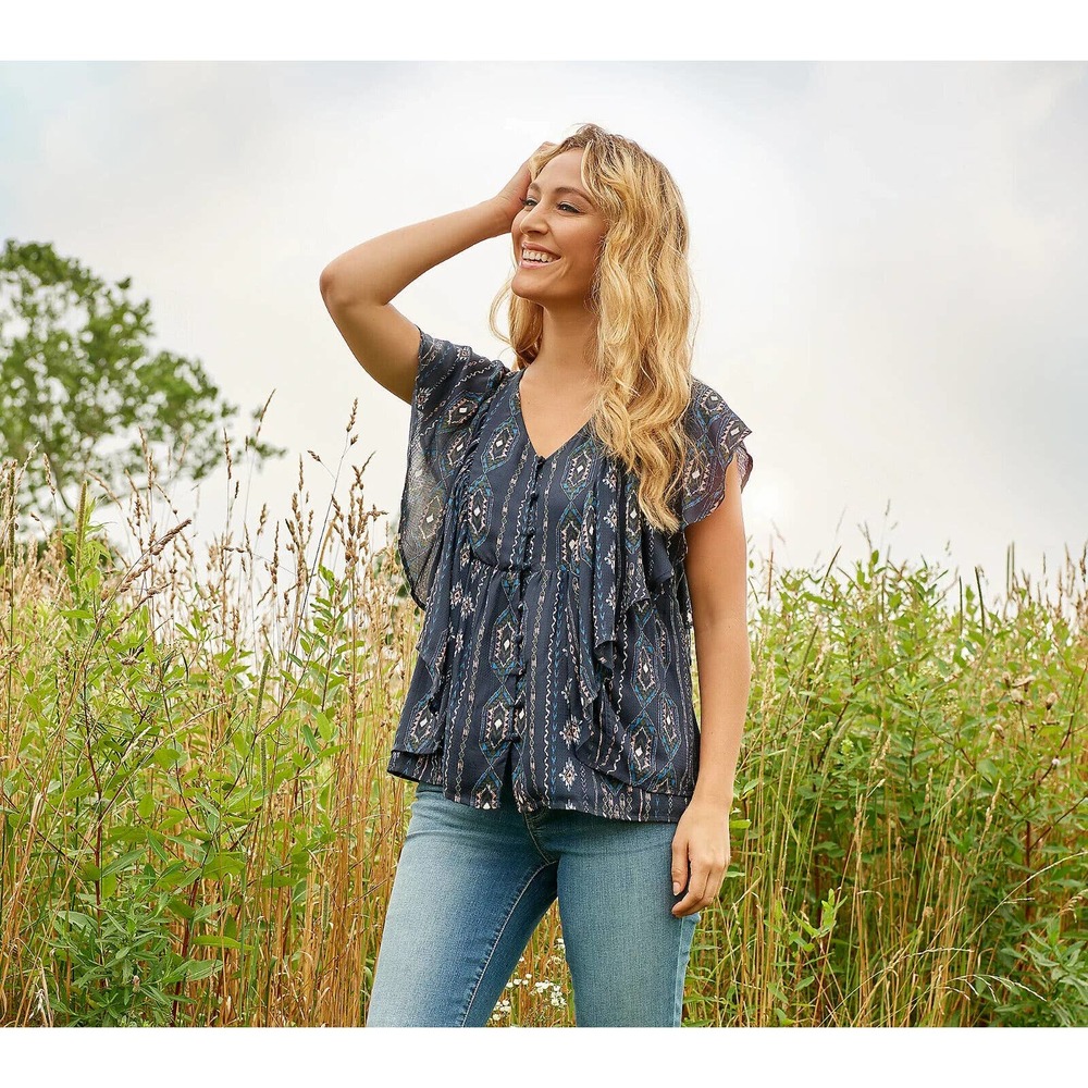 Haute Hippie SMALL Tribe Karen Printed Flutter-Sleeve Blouse Navy Ikat New